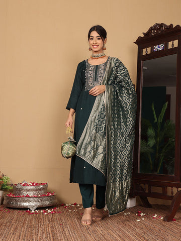 Varanga Women Pure Silk Teal Han Embroidered Kurta With Bottom And Dupatta